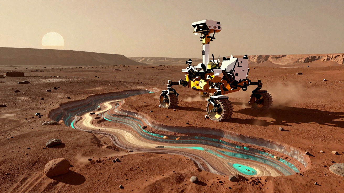 Rover exploratório em terreno árido vermelho com uma fenda colorida no solo sob luz do pôr do sol.