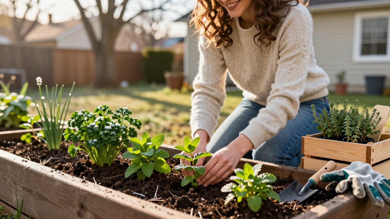 Mulher a plantar ervas aromáticas numa horta elevada num jardim com luvas e ferramentas próximas.
