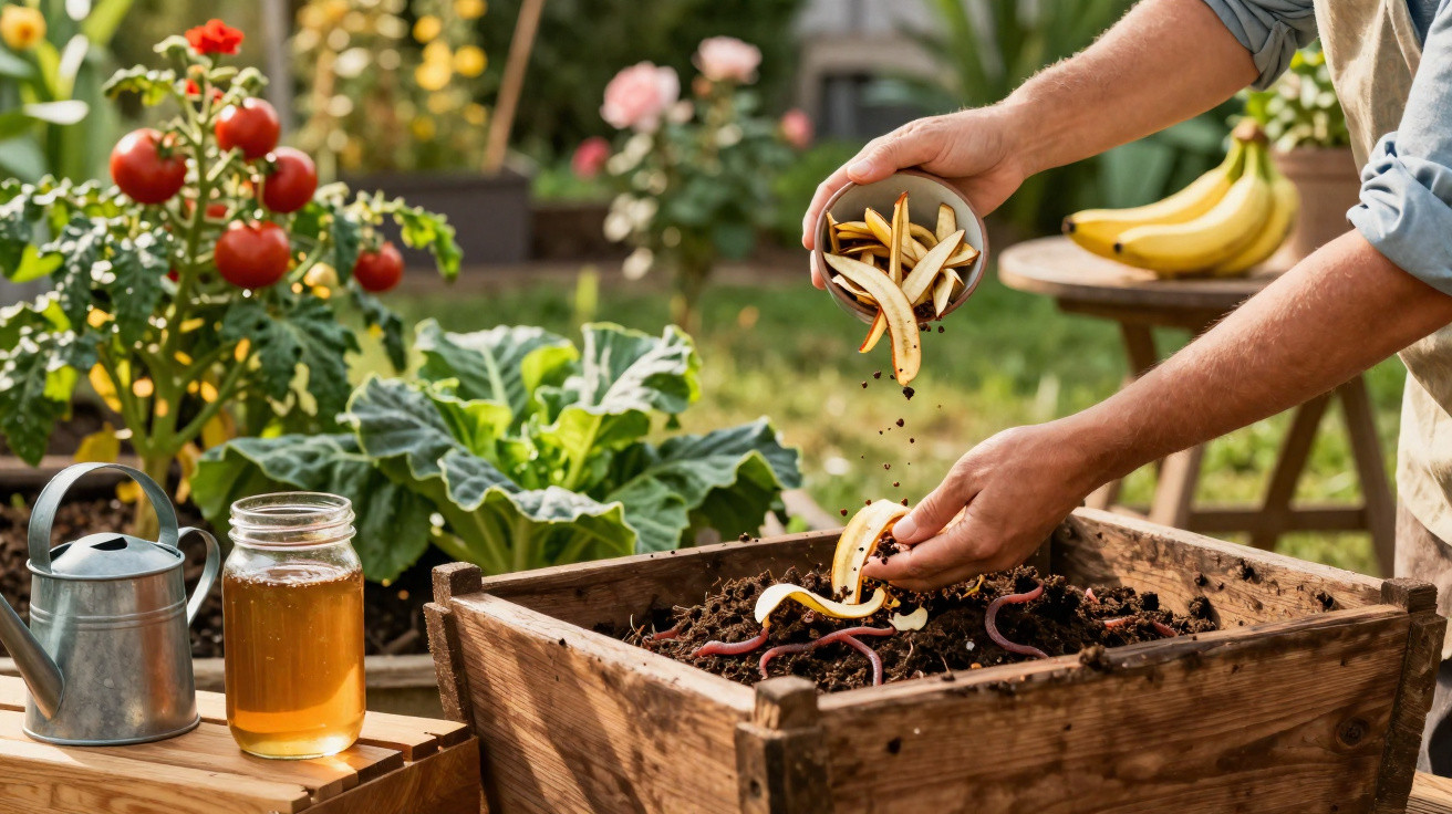 Pessoa a adicionar restos de fruta a caixa de compostagem num jardim com plantas e legumes.