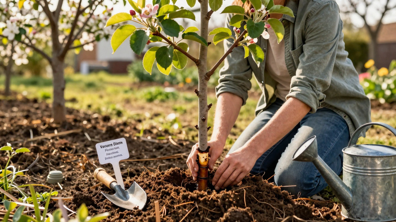 Pessoa a plantar uma árvore jovem florida num jardim, com regador e enxada ao lado.