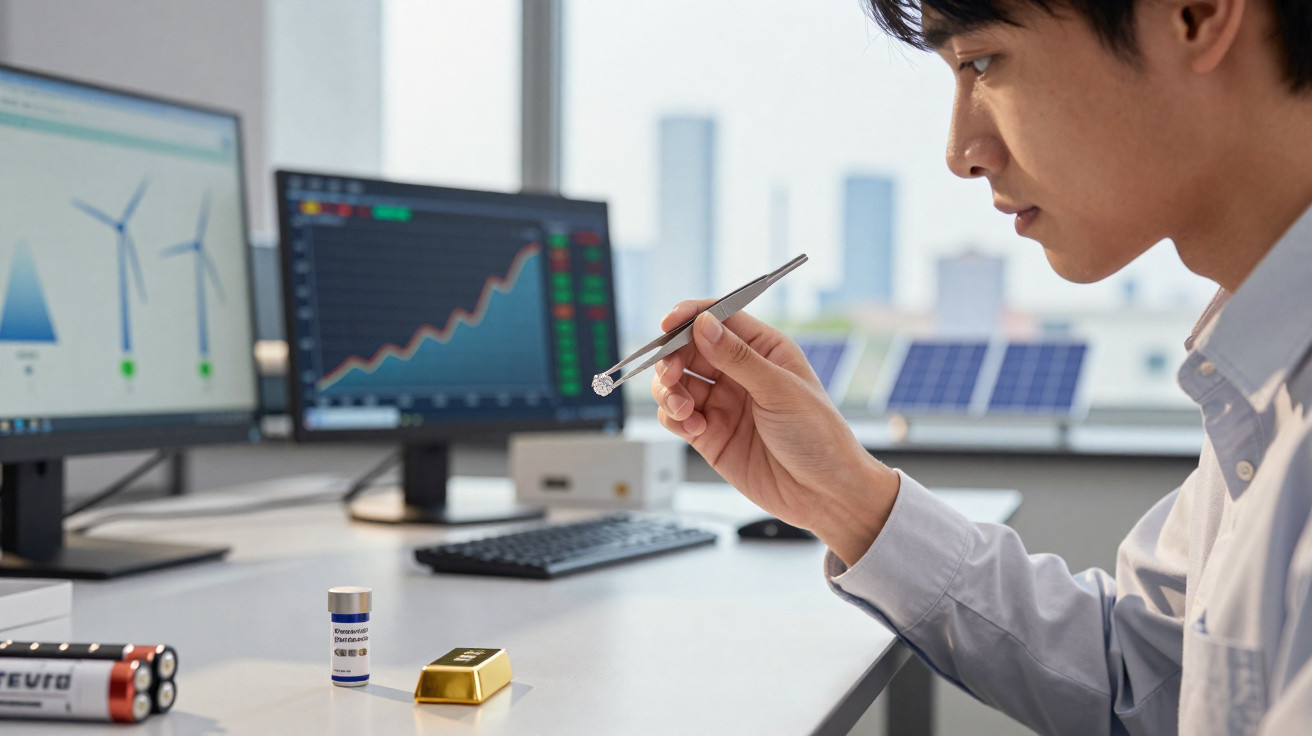 Pessoa a analisar bateria pequena com pinça, com gráficos de energia em monitores e painéis solares ao fundo.