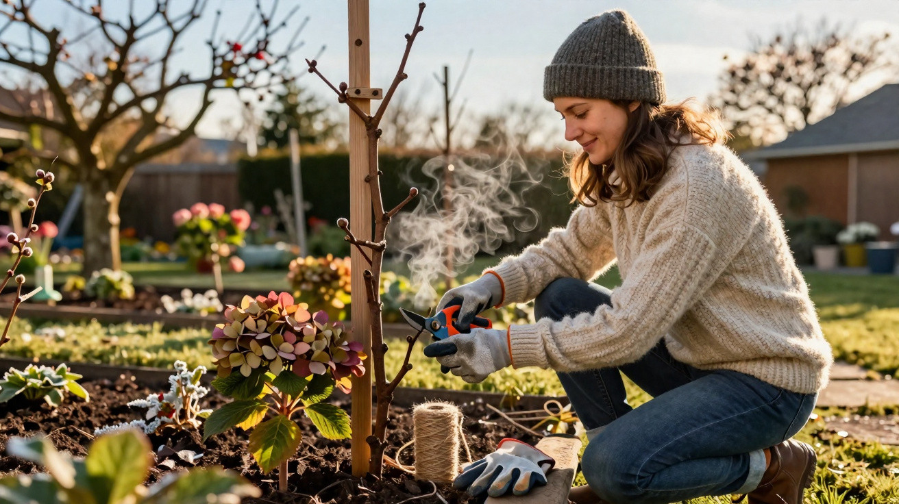 Mulher sorridente a podar planta num jardim ensolarado com roupa quente de inverno.