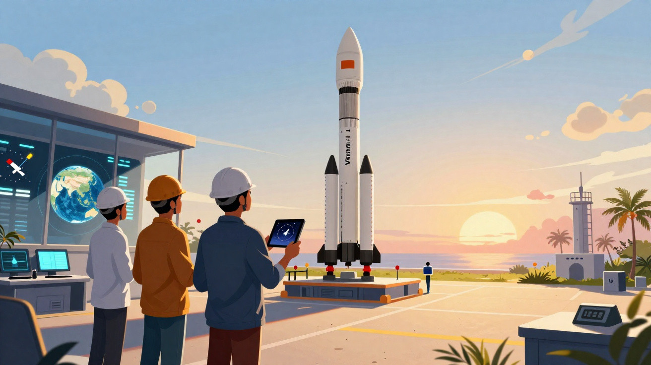 Três engenheiros observam e controlam o lançamento de um foguetão ao pôr do sol numa base espacial.