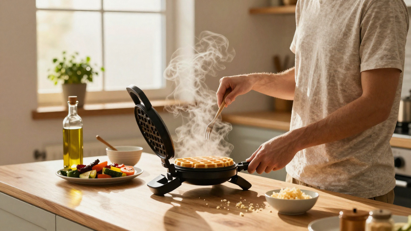 Pessoa a cozinhar waffles numa máquina de waffles numa cozinha iluminada e com vapor a subir.