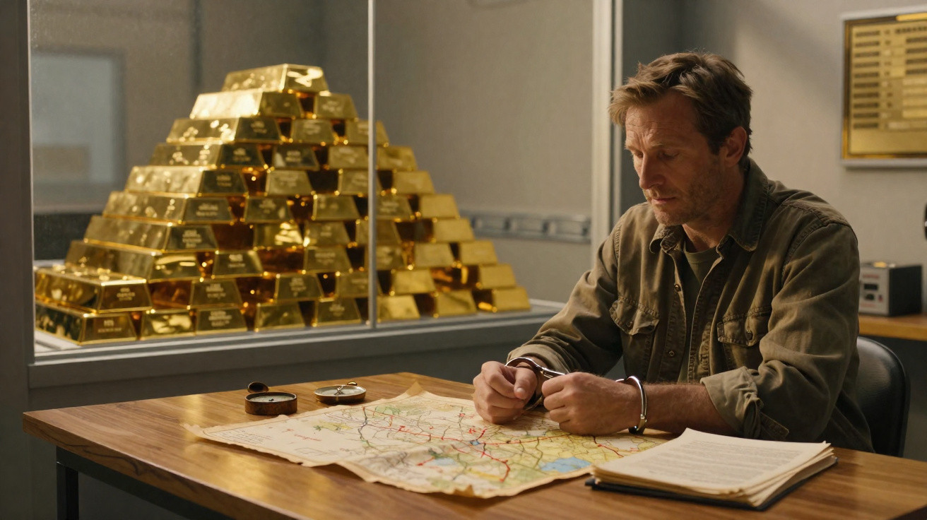 Homem algemado sentado à mesa com mapa aberto, com pilha de barras de ouro atrás do vidro.