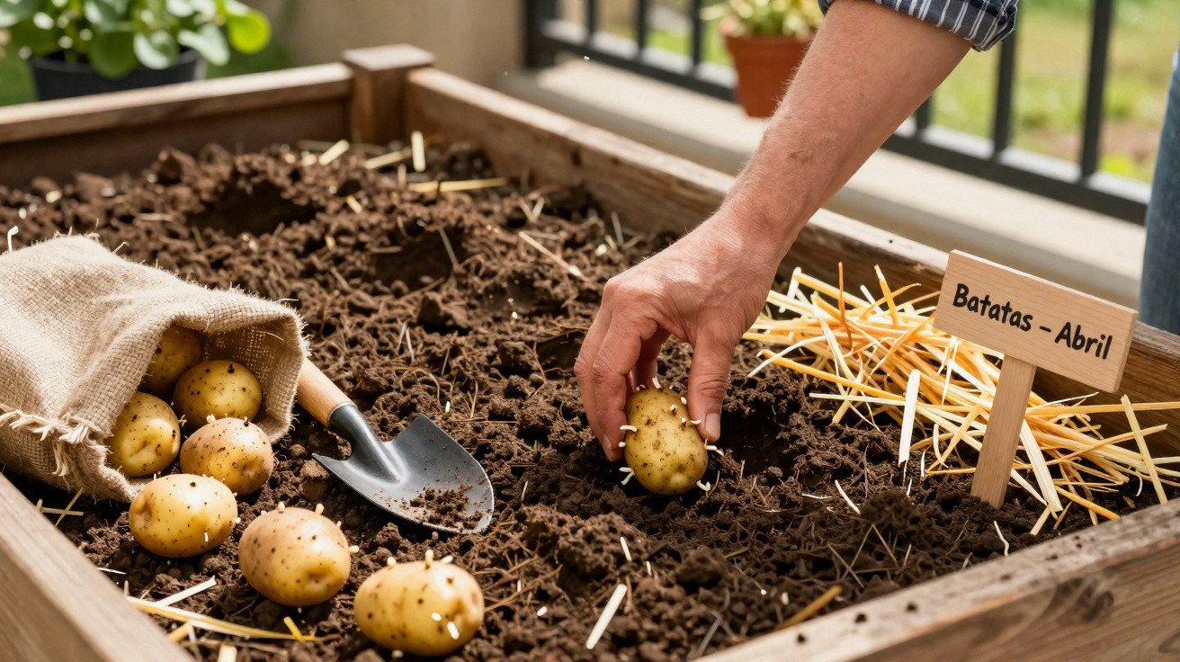 Mão a plantar batatas na terra de uma horta com saco, pá e placa identificadora "Batatas - Abril".