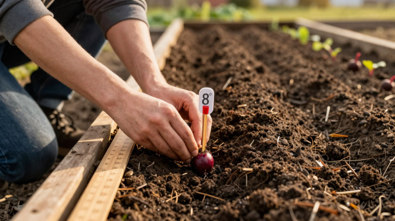 Pessoa a plantar cebola roxa num canteiro de terra com marcador de plantação e régua de madeira.