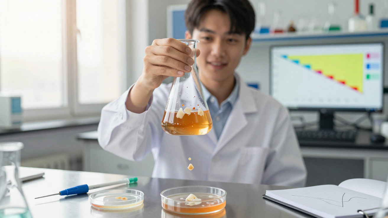 Cientista asiático em laboratório a segurar erlenmeyer com culturas de bactérias em líquido alaranjado.