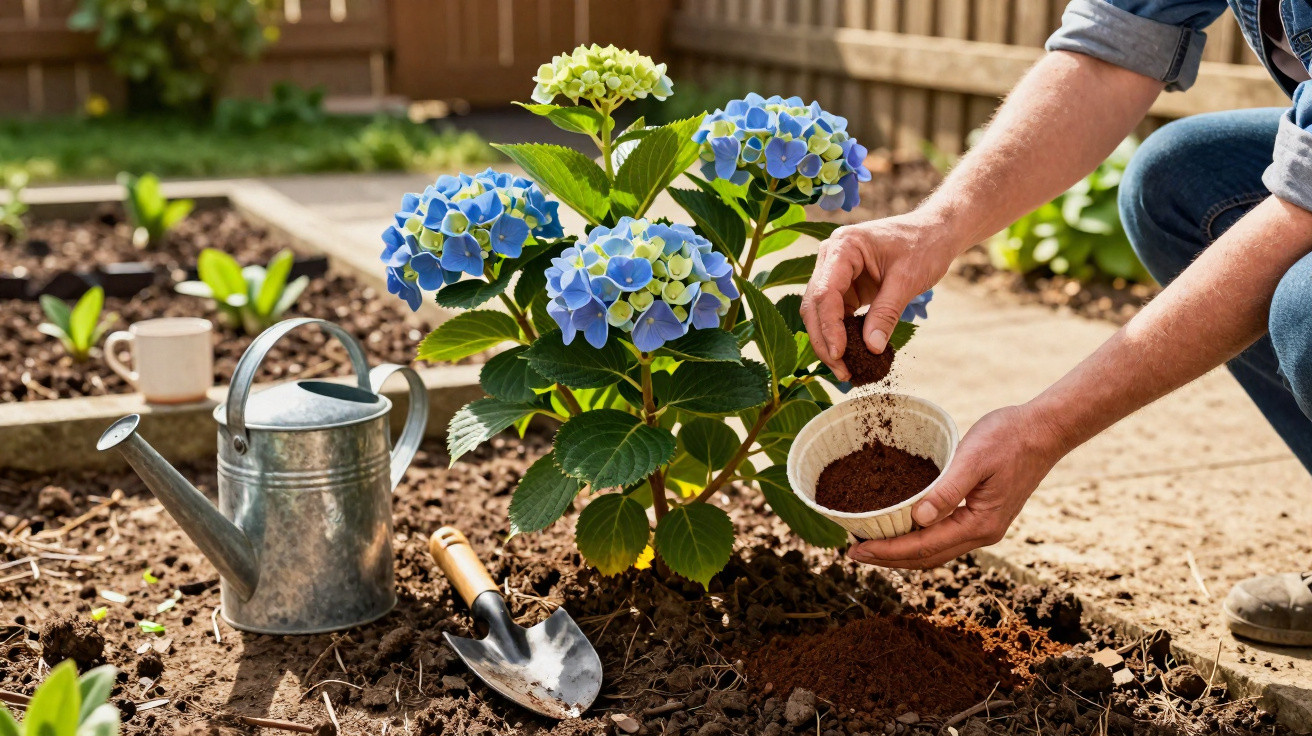 Mãos de uma pessoa a adubar planta de hortênsia azul num jardim com regador e enxada perto.