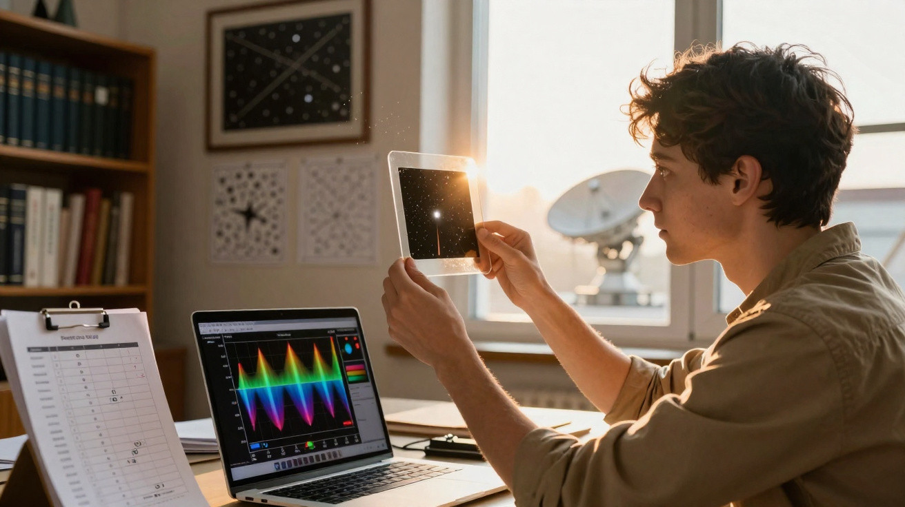 Jovem a analisar imagem de estrelas iluminada pelo sol, com gráfico colorido num computador portátil à frente.