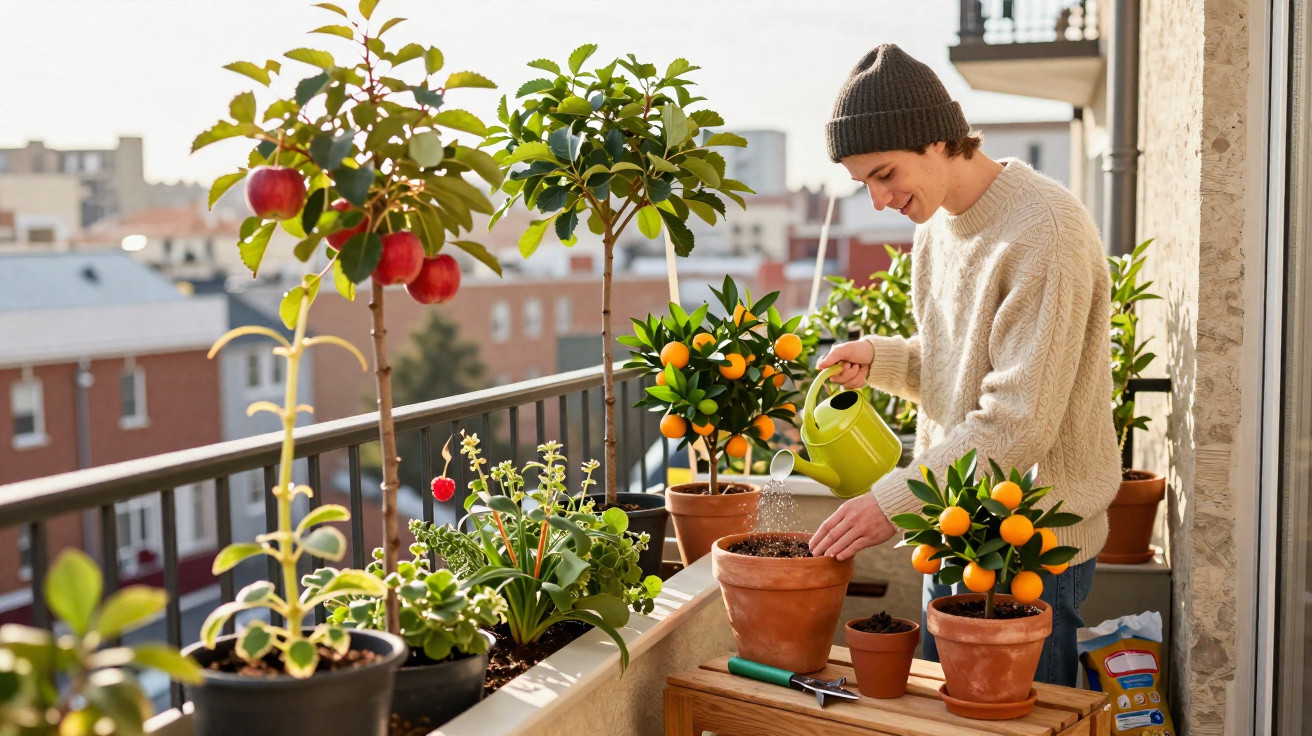 Homem rega plantas em vasos num terraço com árvores de maçã e citrinos na cidade.