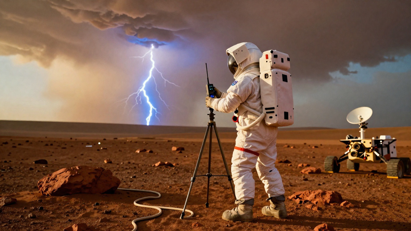 Astronauta em planeta árido a registar relâmpago com equipamento, rover visível ao fundo.