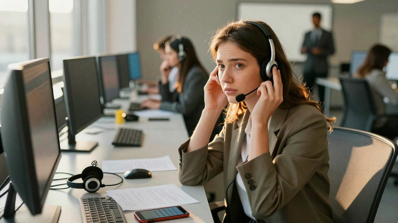 Mulher com auscultadores num call center junto a ecrãs de computador em ambiente de escritório moderno.