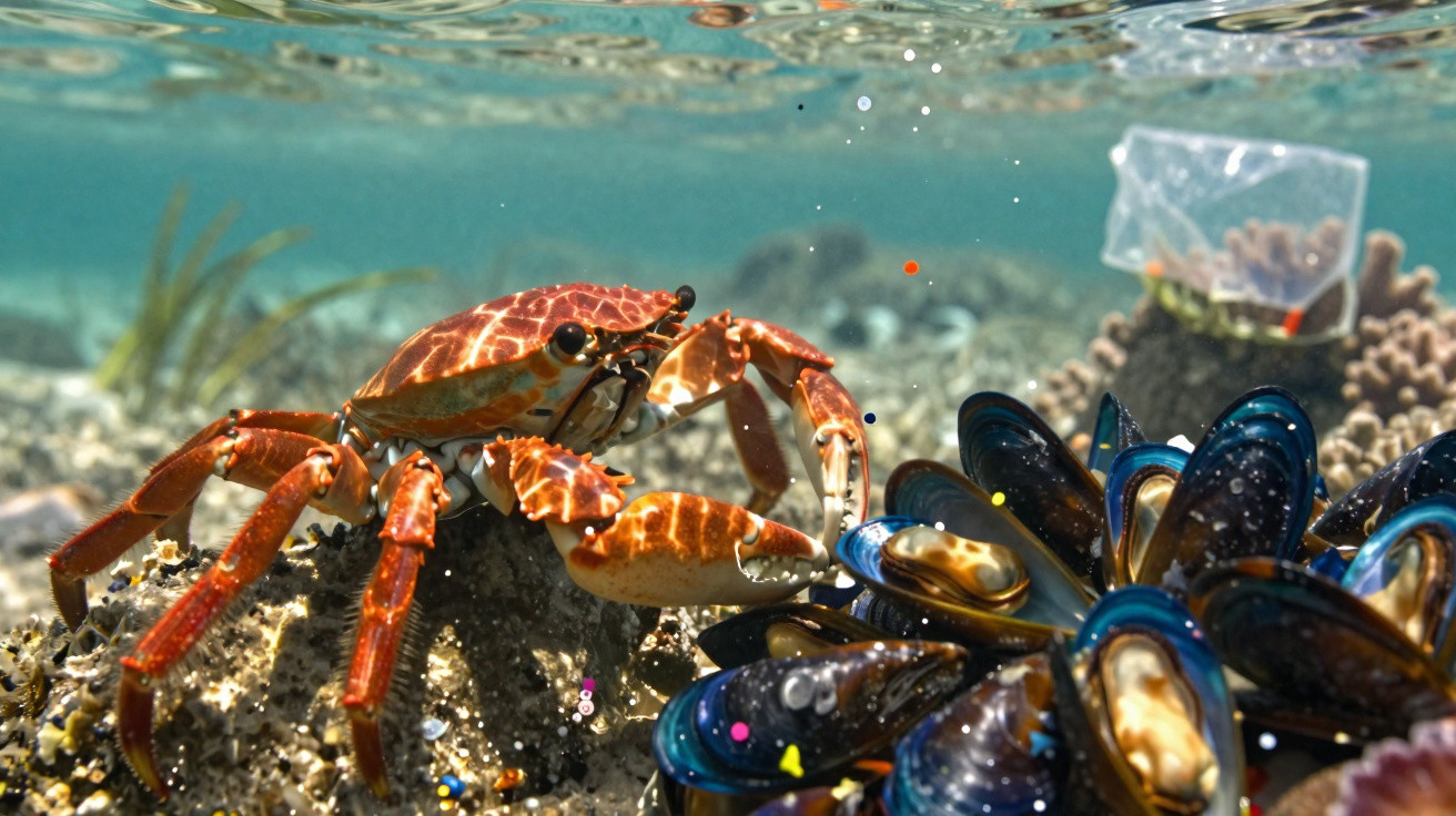 Caranguejo vermelho junto a mexilhões no fundo do mar com microplásticos visíveis na água.