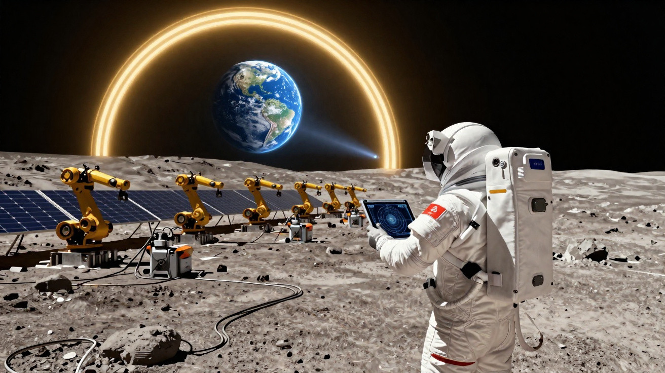 Astronauta opera robôs amarelos e painéis solares na superfície lunar com a Terra ao fundo e anel luminoso.