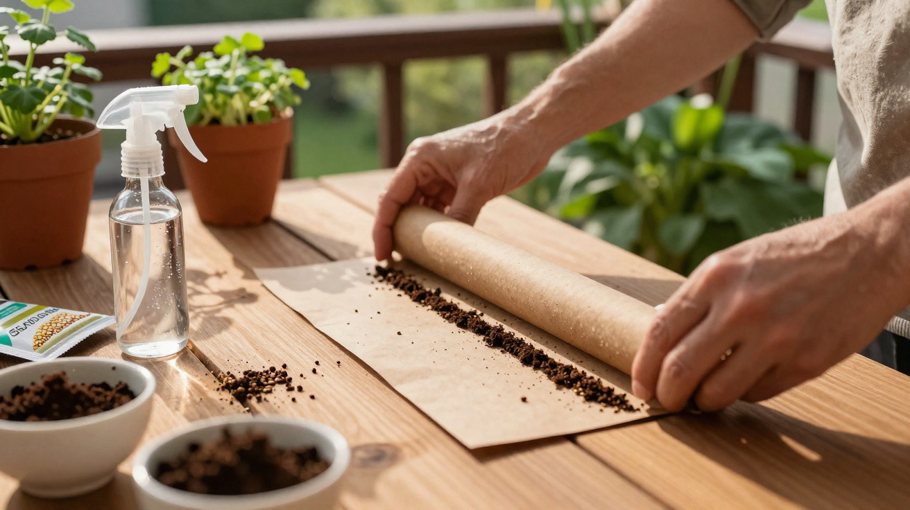 Mãos enrolam papel com sementes para plantação, em mesa com plantas, frascos e sementes à volta.