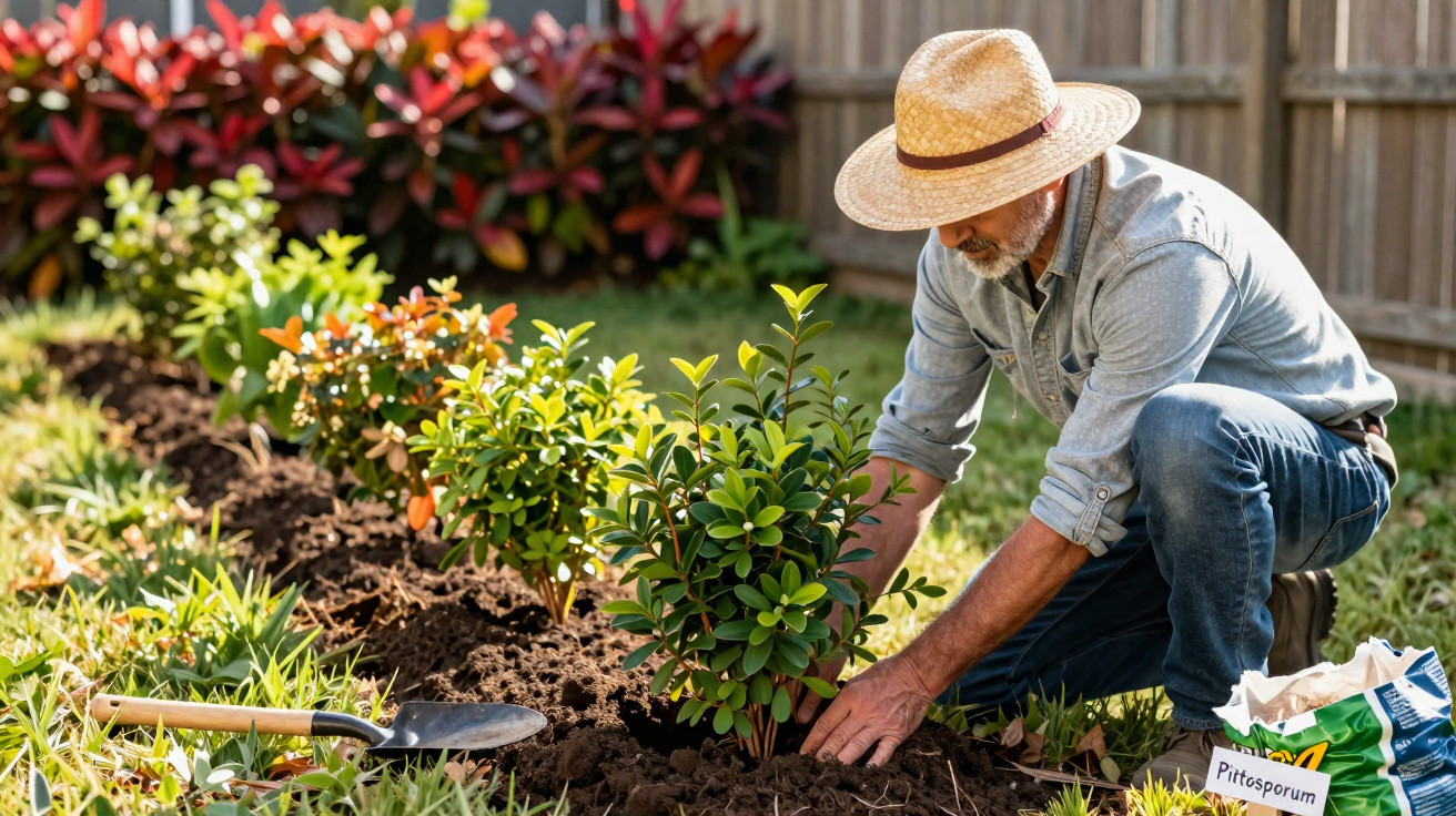 Homem a plantar arbusto verde numa jardim com chapéu de palha e roupa casual.