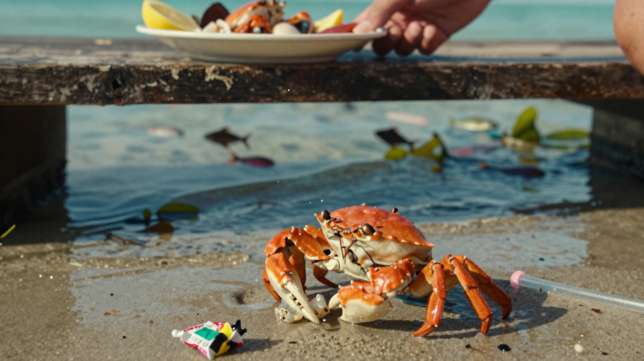 Caranguejo laranja na areia junto ao mar com um prato de frutos do mar em madeira à frente.