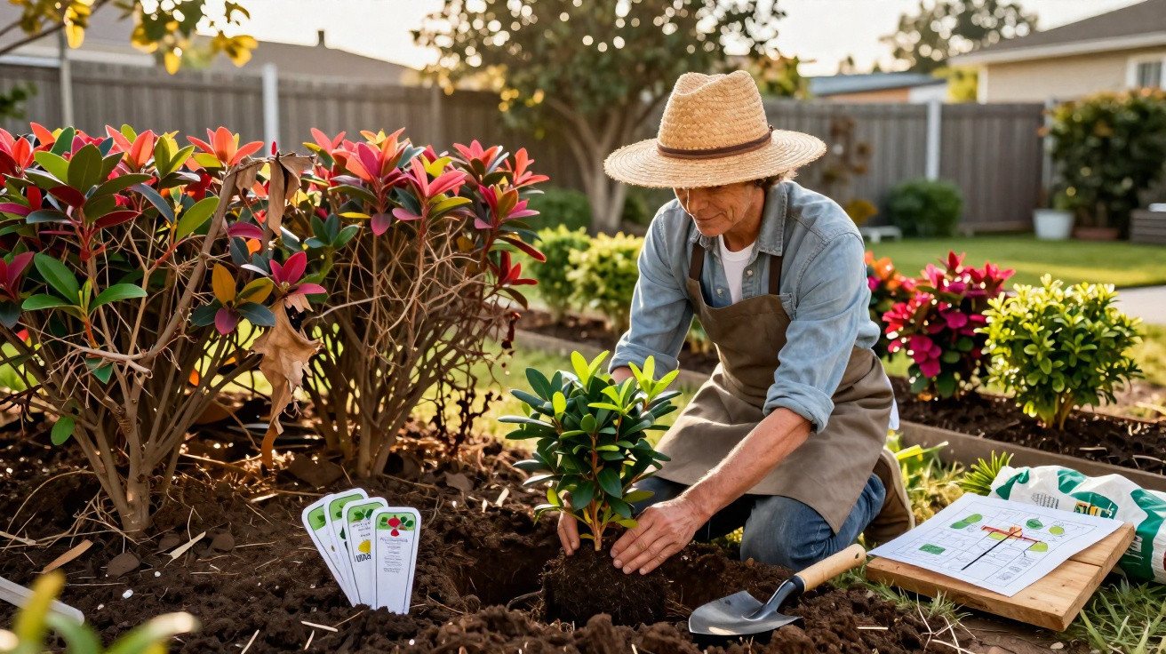 Pessoa a plantar uma muda de arbusto num jardim ensolarado, rodeada de plantas coloridas.