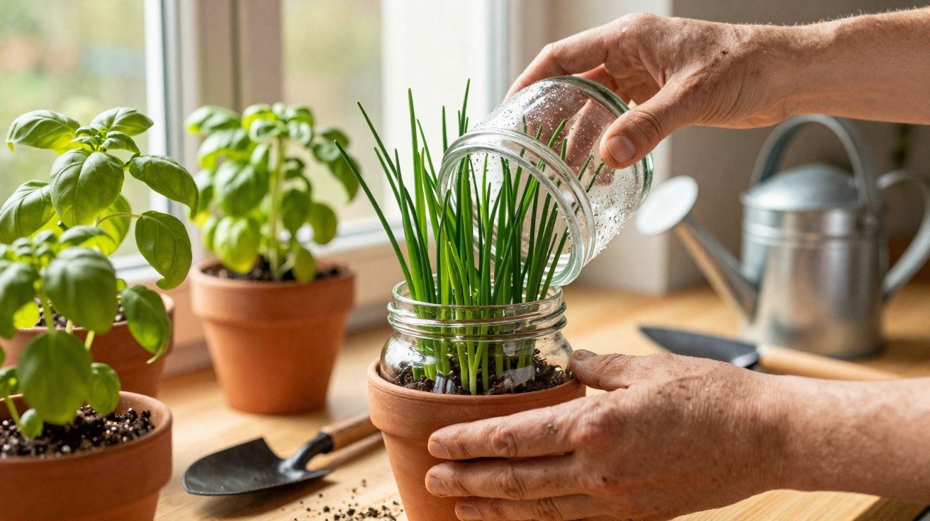 Pessoa a regar planta de ervas aromáticas em vaso de barro junto a janela iluminada.