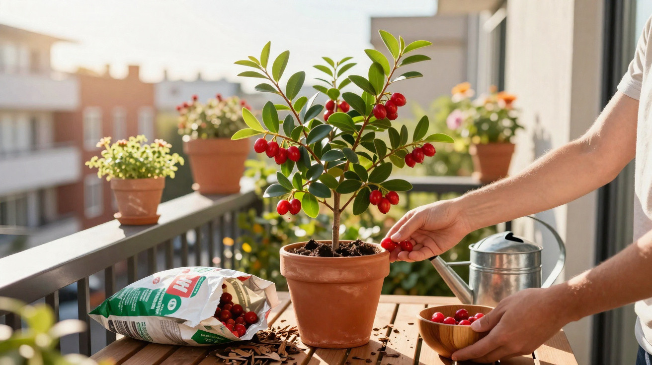 Pessoa a apanhar bagas vermelhas de um arbusto em vaso num terraço com luz solar natural.