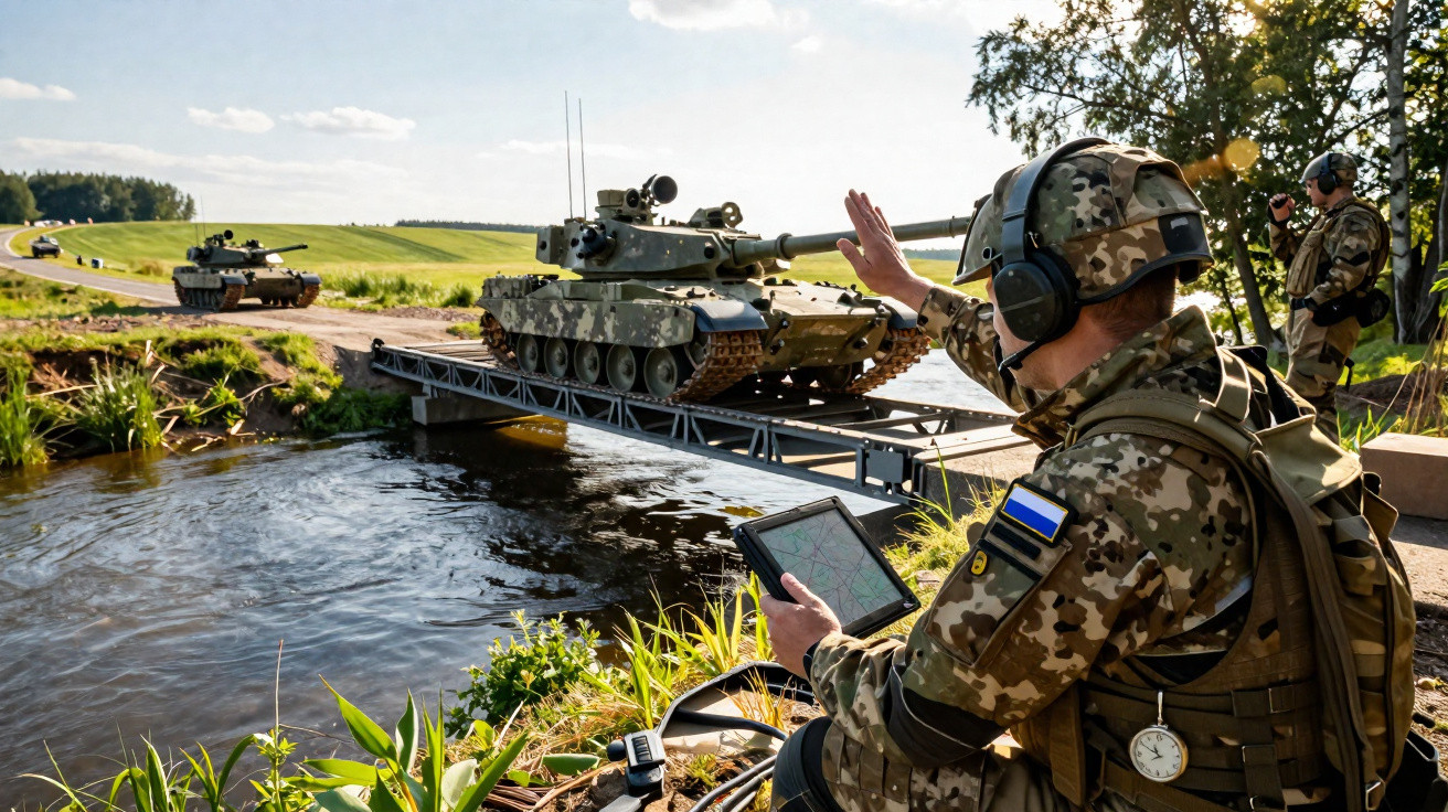 Soldado em uniforme camuflado com tablet orienta atravessamento de tanques por ponte sobre rio em área rural.