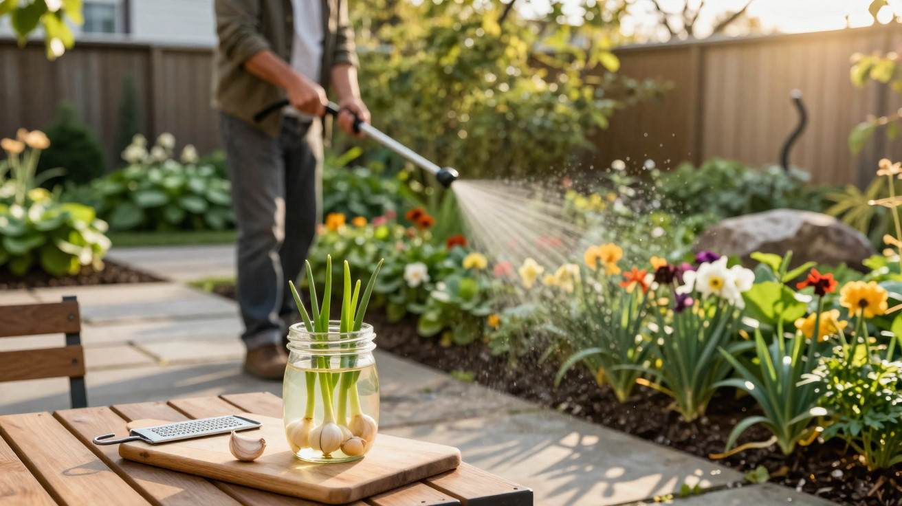 Pessoas a regar flores num jardim ensolarado com cebolas a crescer num frasco de vidro em primeiro plano.