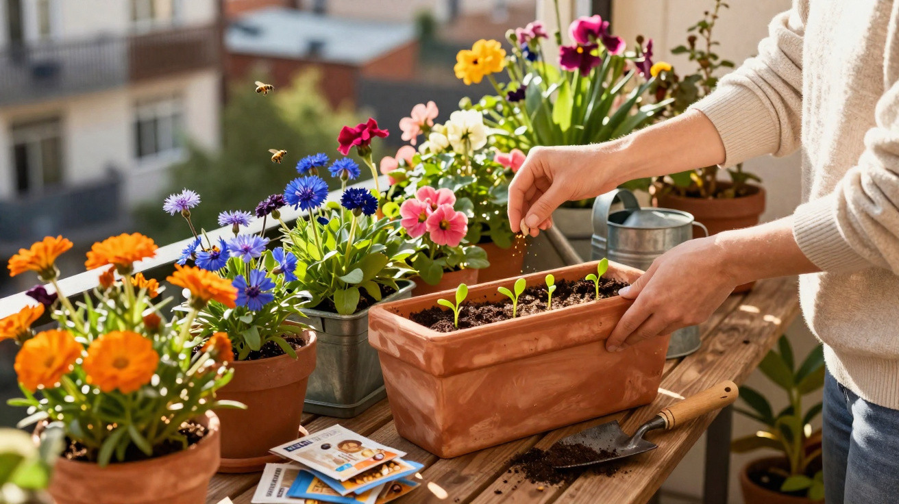 Mãos de pessoa a semear sementes em vaso com mudas, rodeada de flores coloridas num varandim ensolarado.