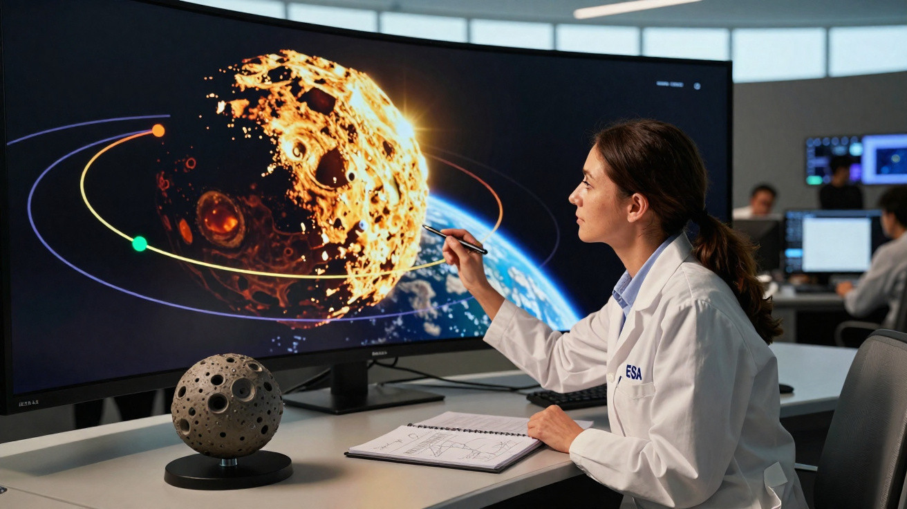 Mulher cientista na ESA analisa imagens de planeta e órbitas espaciais num ecrã grande.