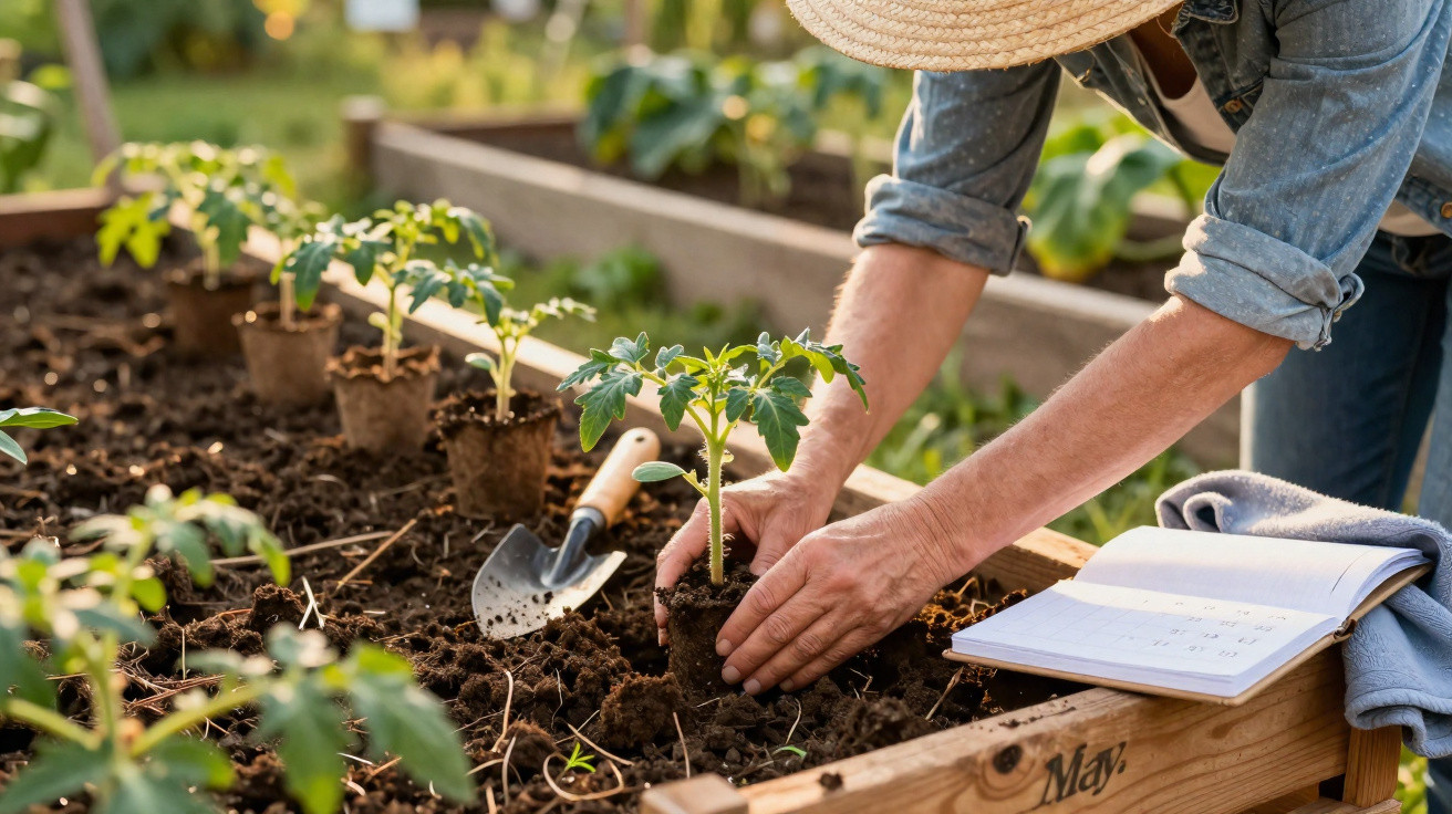 Pessoa a plantar muda de tomateiro numa horta elevada de madeira com enxada e caderno ao lado.