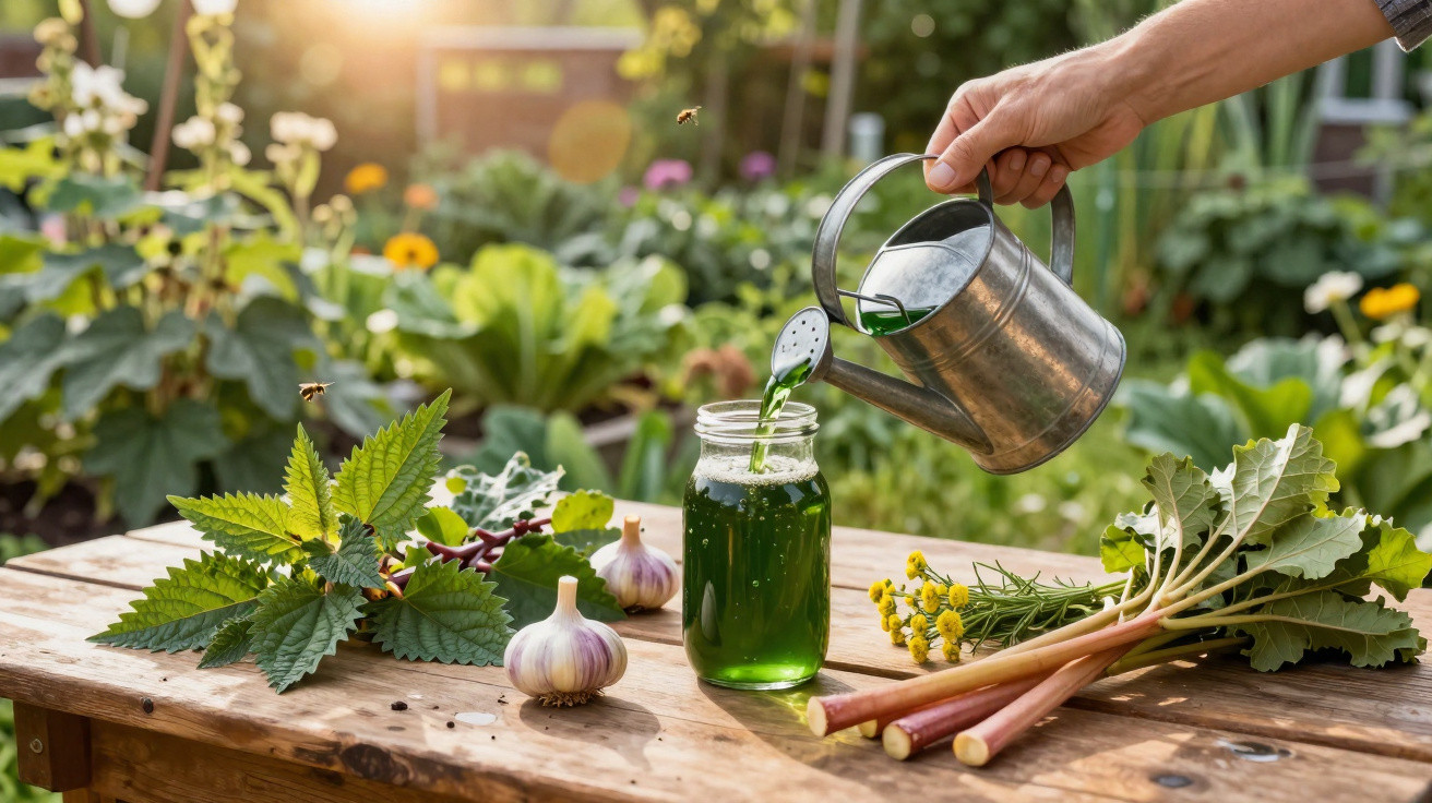 Mão a verter líquido verde de regador em frasco, com ervas, alho e flores numa mesa de madeira ao sol.