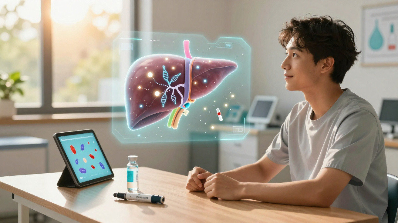 Homem sentado à mesa observa imagem holográfica de fígado com ilustração de DNA e medicamento.