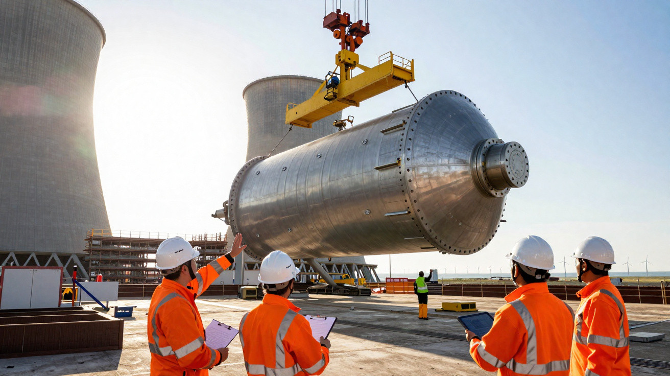 Quatro operários em coletes laranja e capacetes supervisionam suspensão de grande equipamento metálico em central nuclear.