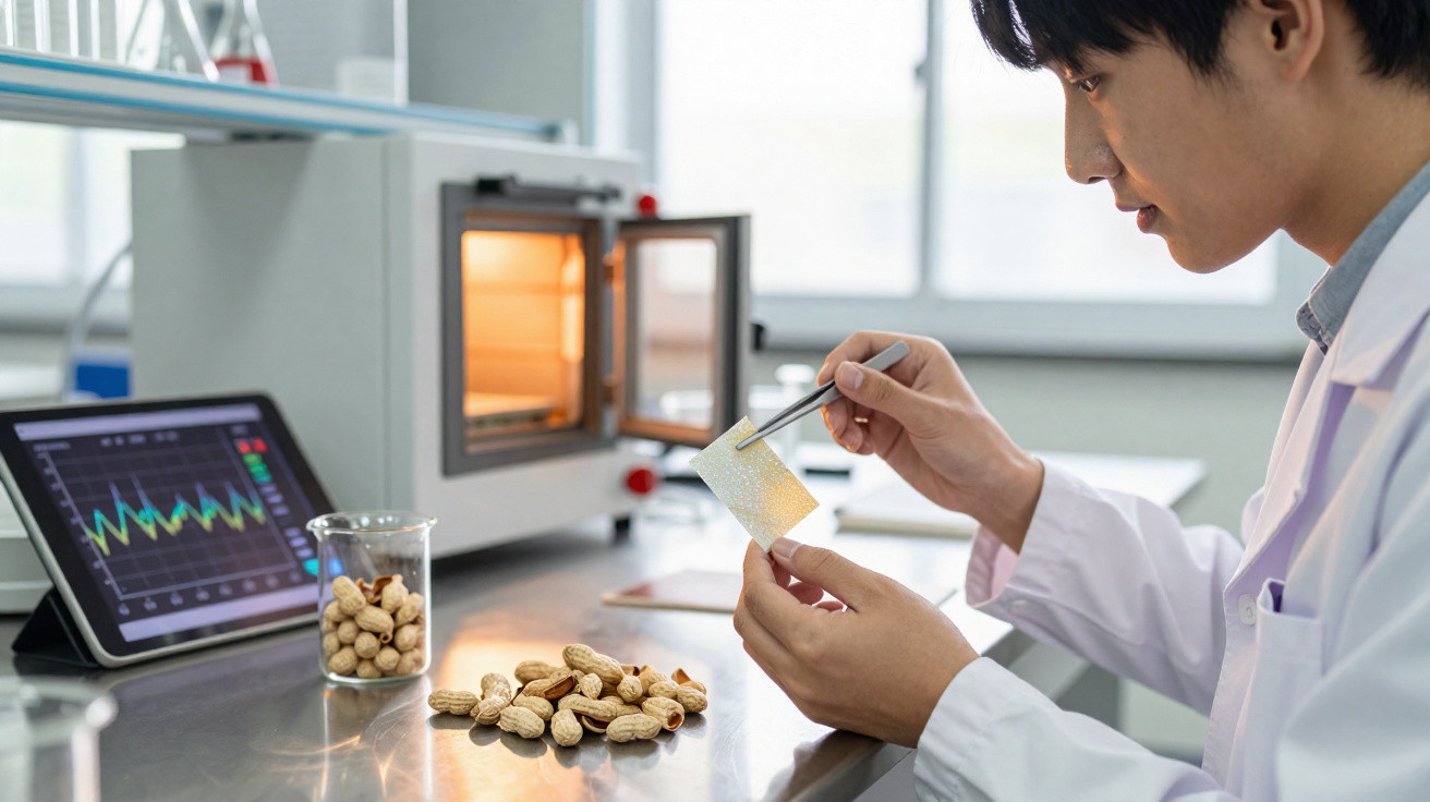Cientista em laboratório a analisar amostra transparente com pinça ao lado de amendoins e monitor digital.