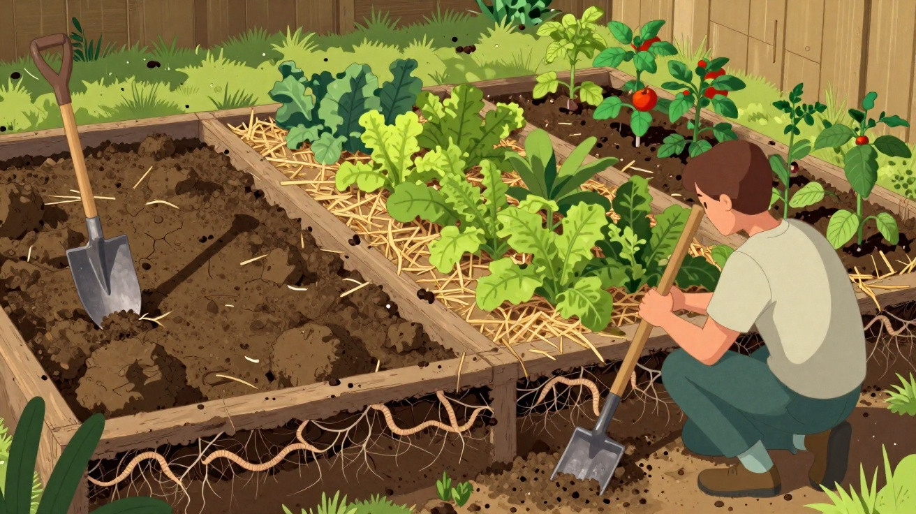 Homem a cavar terra num jardim com plantas e vegetais junto a uma vedação de madeira.
