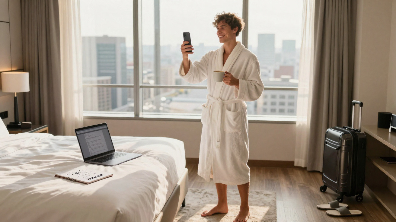 Homem em robe branco no quarto de hotel, segurando uma chávena e a tirar selfie com telemóvel.