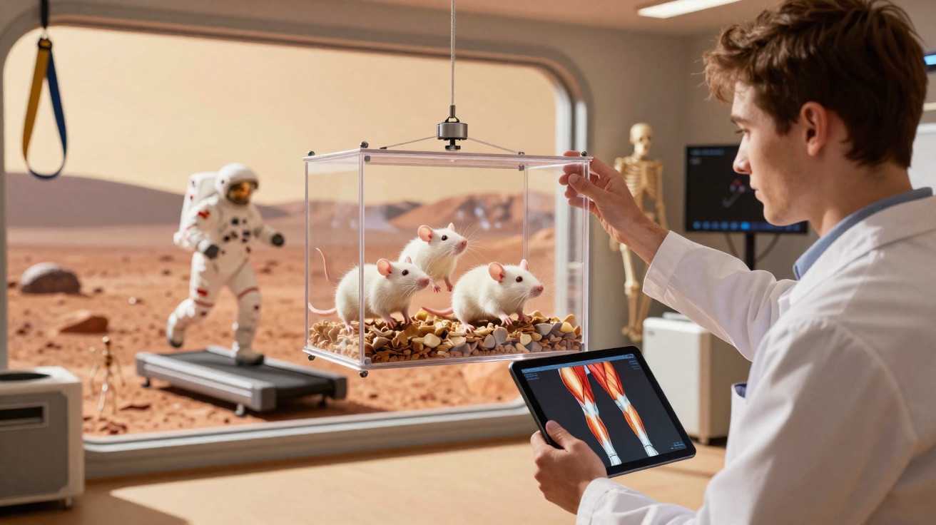 Cientista observa ratazanas num cubo suspenso enquanto faz análise muscular em tablet, cenário espacial ao fundo.