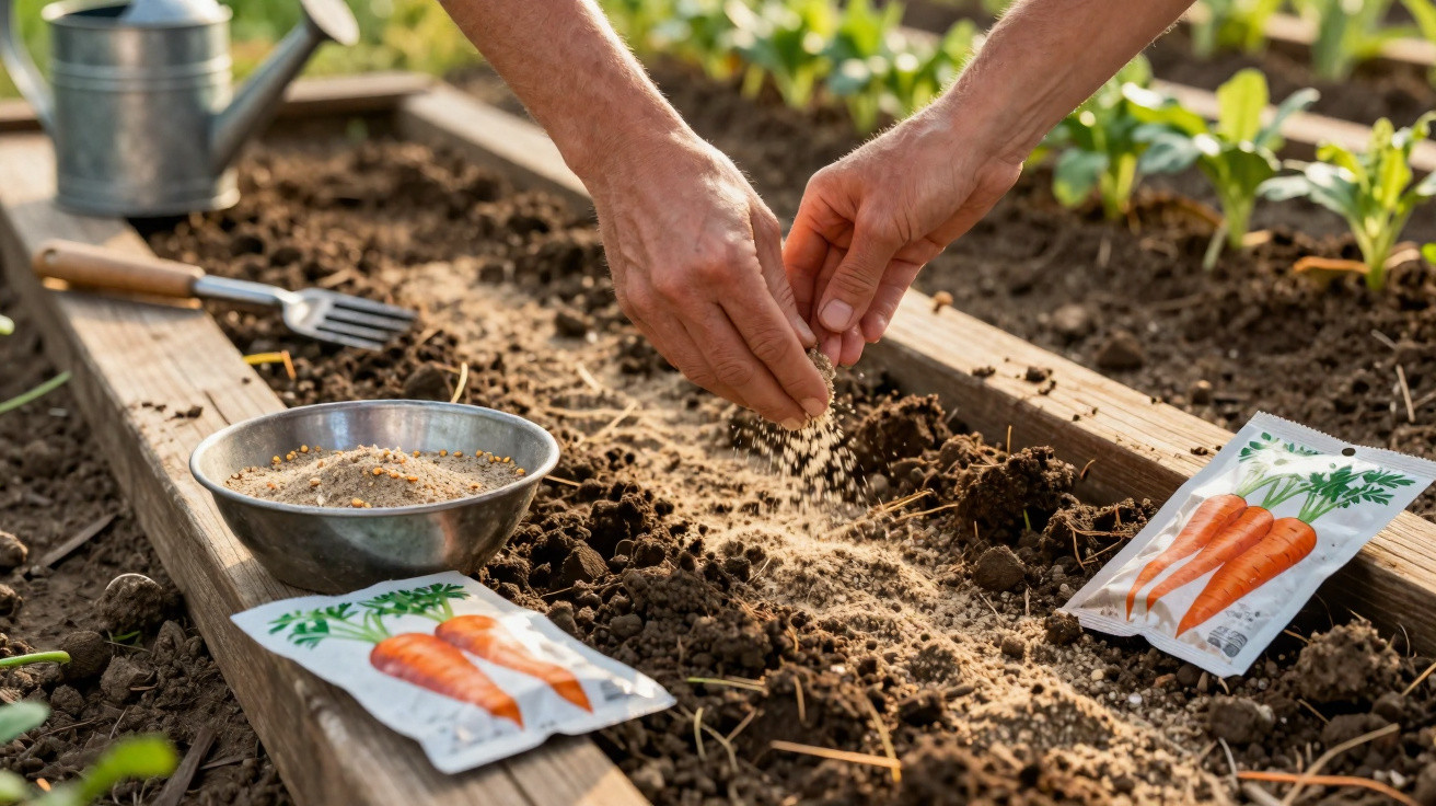 Mãos a semear sementes de cenoura em canteiro de terra com pacotes de sementes e regador ao lado.