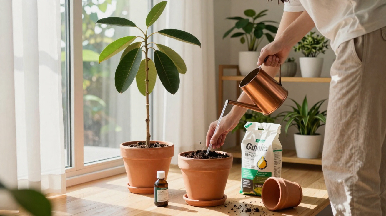Pessoa a regar planta em vaso de barro numa sala iluminada com várias plantas e acessórios de jardinagem.