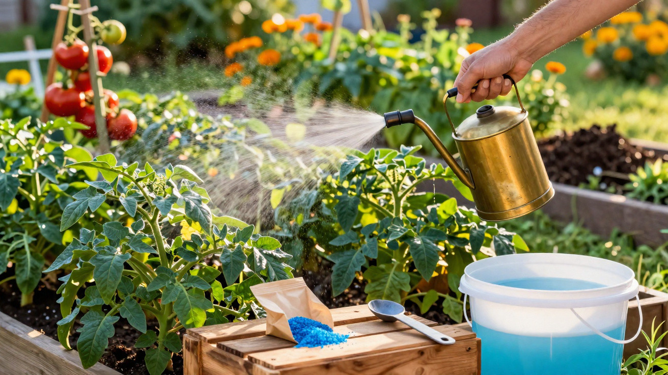 Pessoa a regar plantas de tomateiro num jardim com regador dourado e fertilizante azul.
