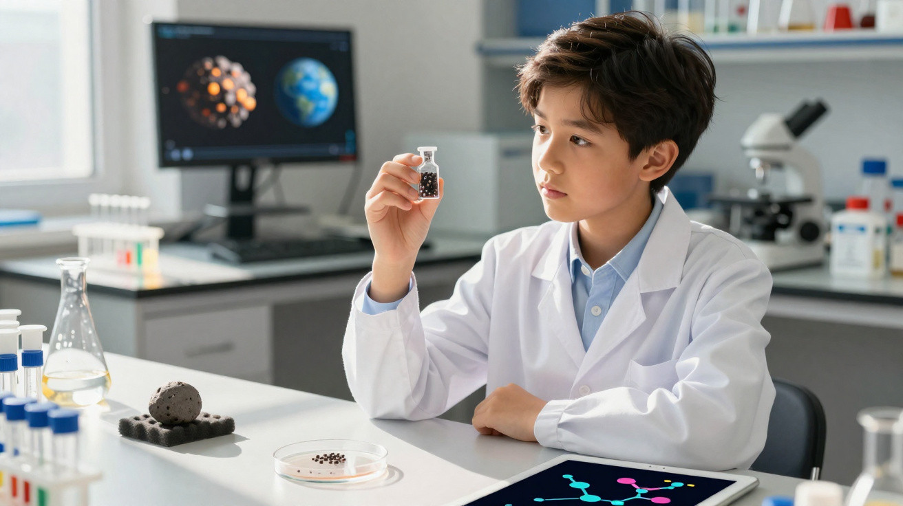Criança em bata branca a observar frasco com amostras numa mesa de laboratório científica.