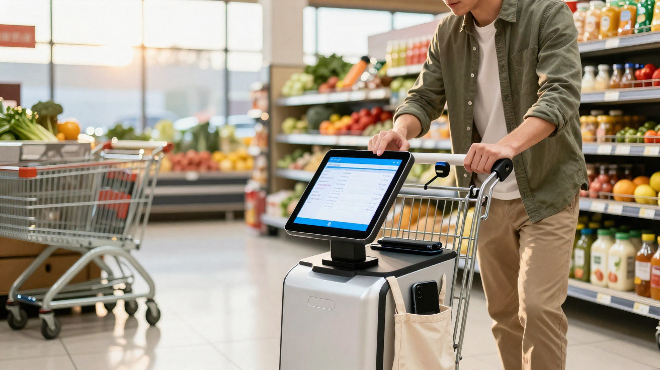 Pessoa a usar carrinho de supermercado com ecrã digital para fazer compras numa loja moderna.