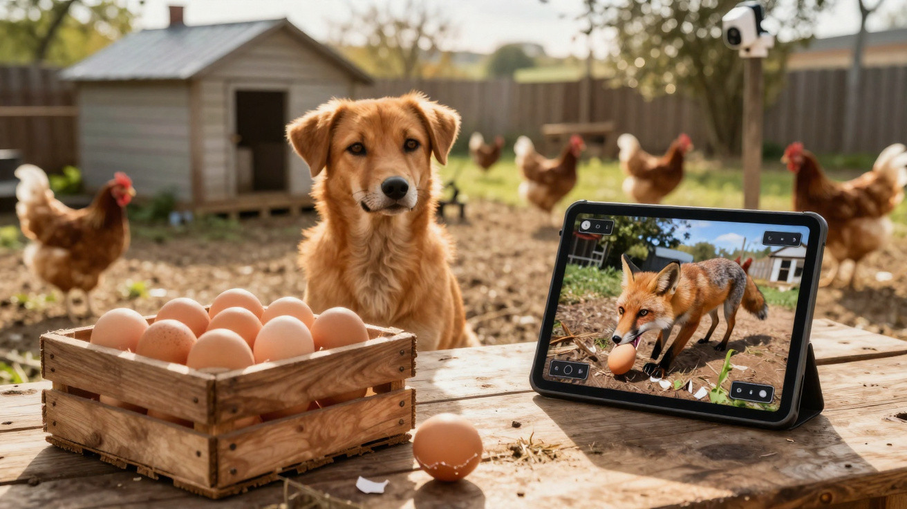 Cão sentado atrás de caixa de ovos numa quinta, com tablet a mostrar raposa a roubar um ovo.