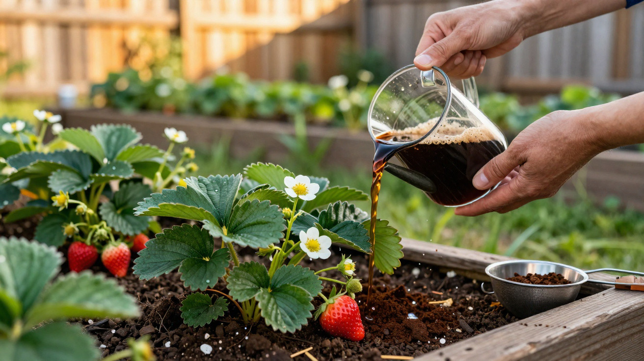 Pessoa a regar planta de morango com café num jardim com canteiros de madeira.