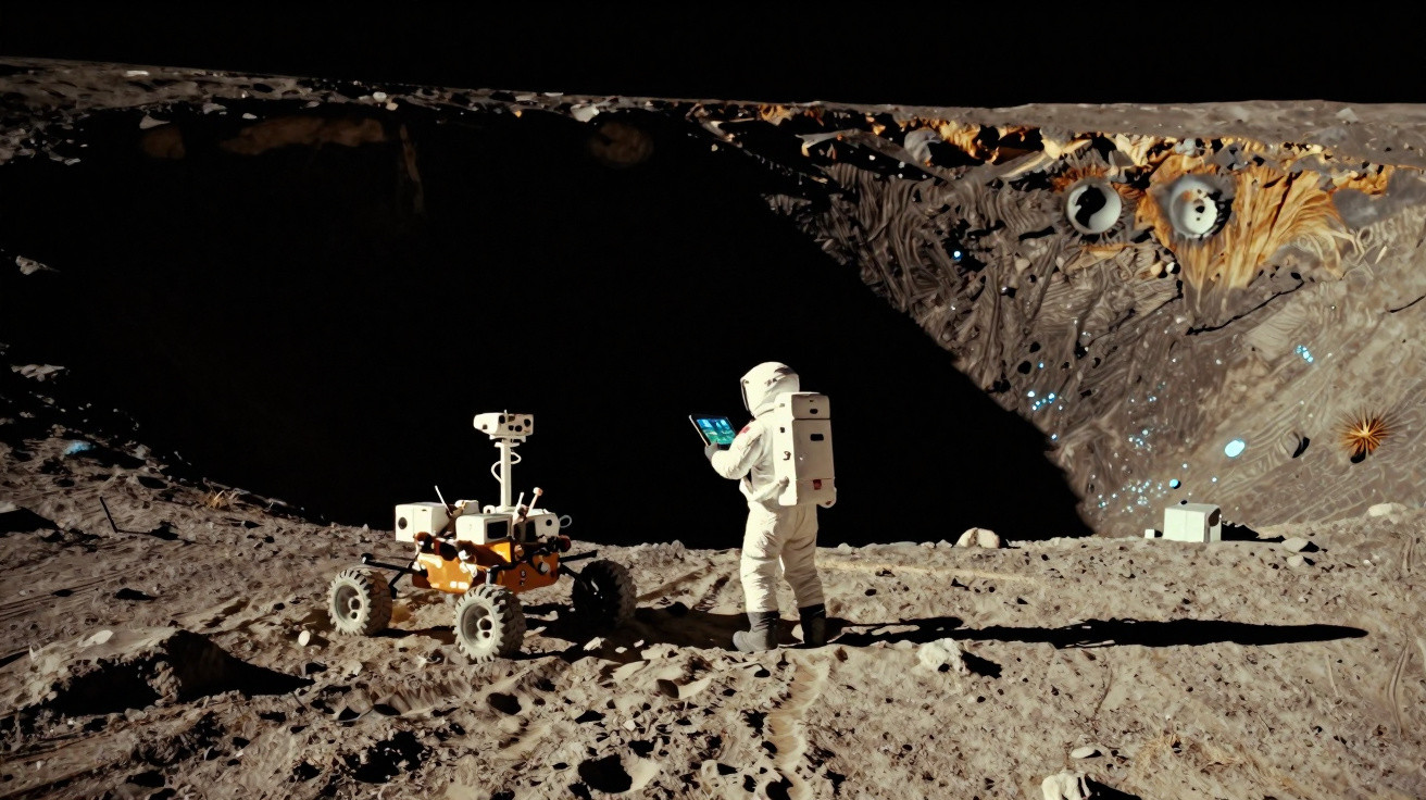 Astronauta com tablet interage com robô explorador na superfície lunar junto a crateras iluminadas.