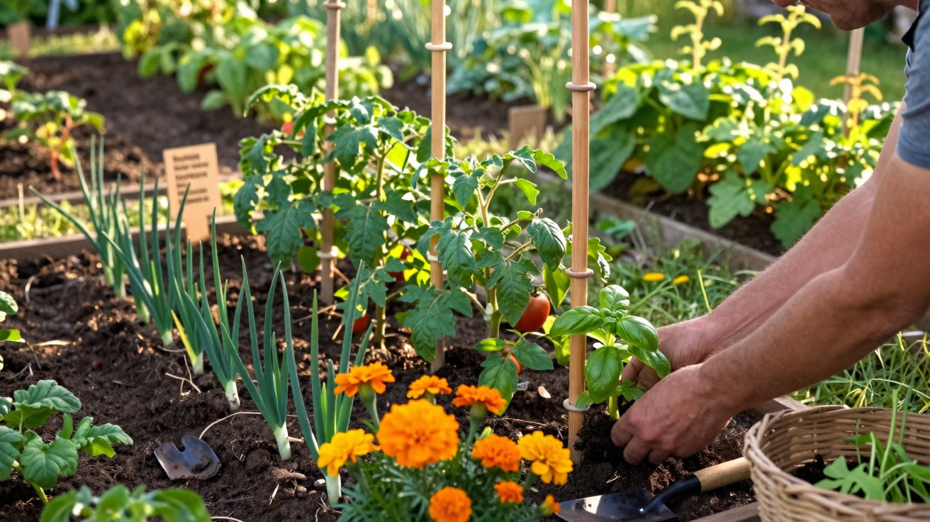 Pessoa a plantar manjericão num terreno com outras plantas e flores laranjas num jardim cuidado.