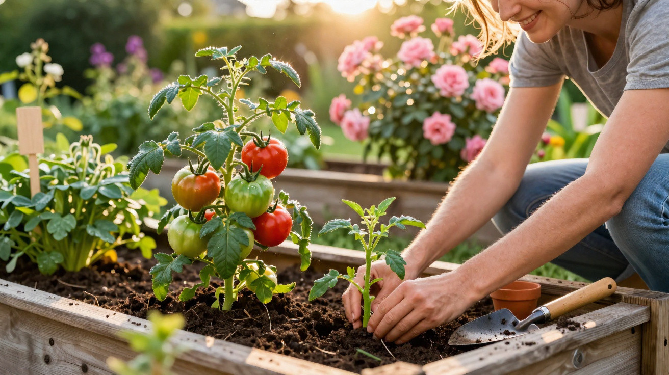 Mulher a plantar mudas num canteiro com pés de tomate e flores ao fundo, sob luz solar suave.