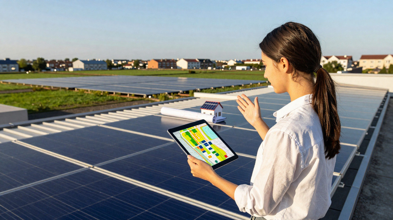 Mulher a analisar painéis solares com tablet e maquete de casa sobre telhado ensolarado.