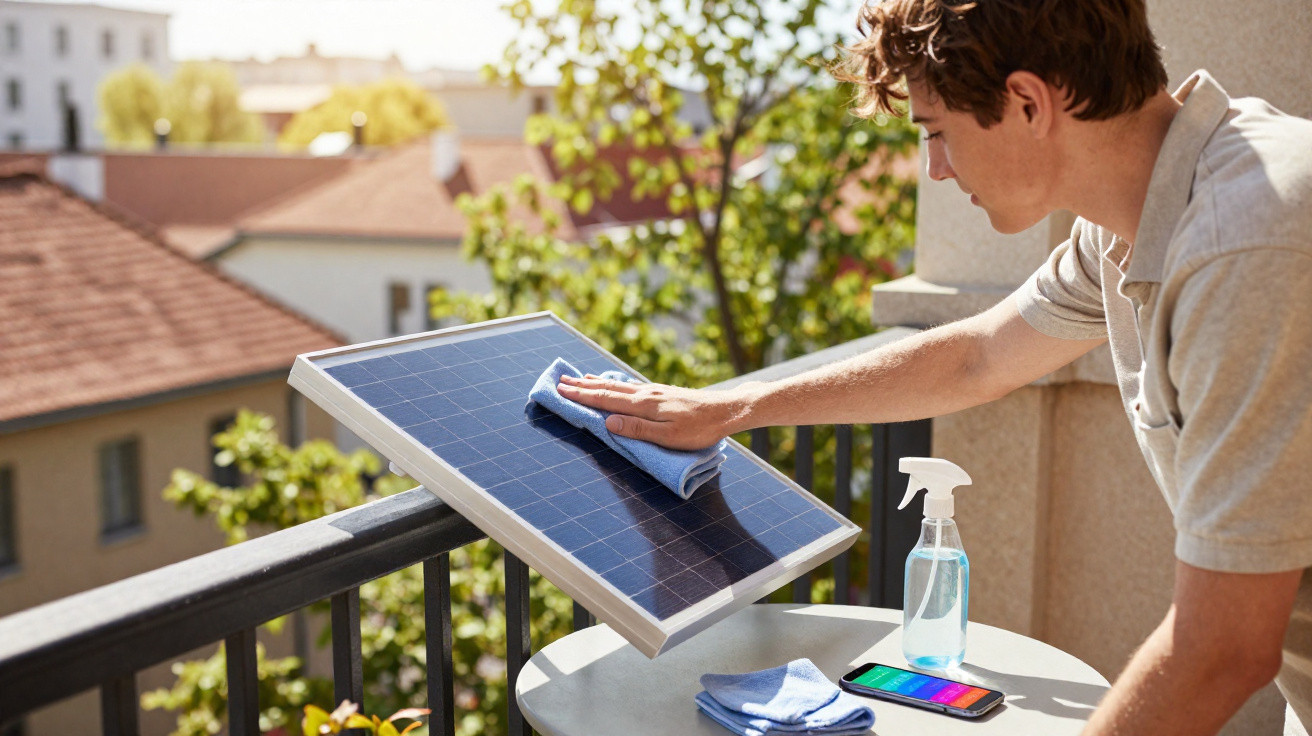 Homem a limpar painel solar num varandim com árvore e casas ao fundo, sob luz solar.