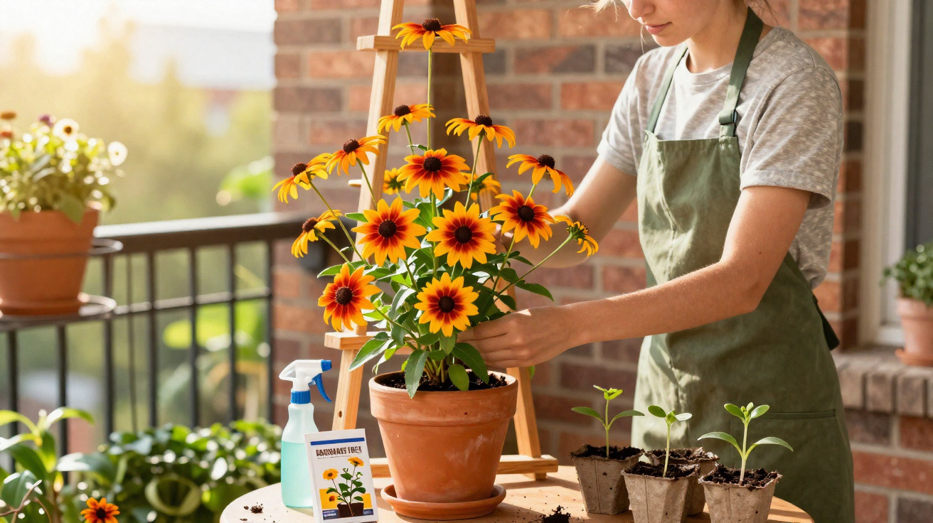 Pessoa a cuidar de flores laranja em vaso num terraço com várias plantas ao redor ao sol.